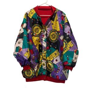 Vintage Current Seen Reversible Bomber Jacket OS Red Casino Print 90s Retro Game